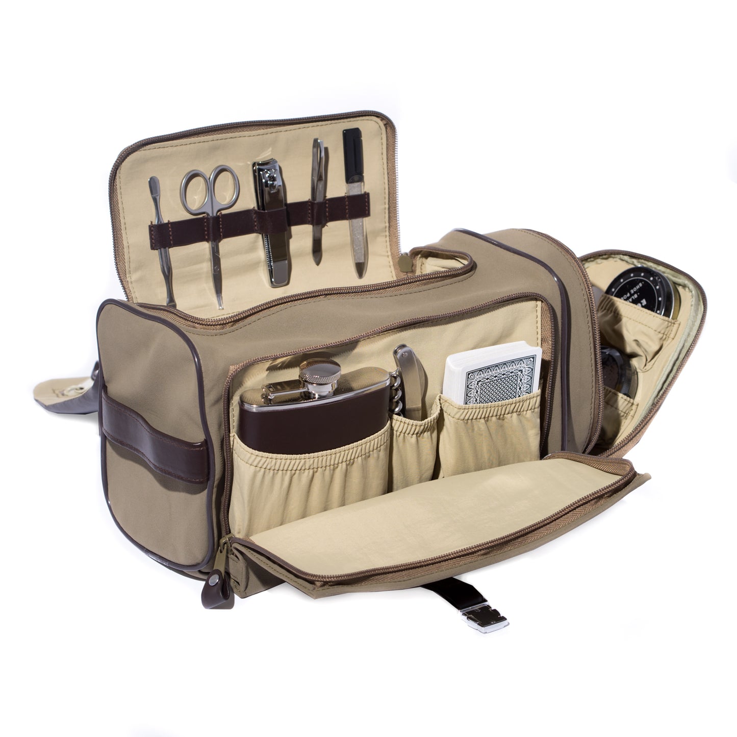 Occasion Gallery Suede/Brown Color Ultra Suede & Brown Leather Tote Bag w/ 5 oz. Flask, Bar tool, Deck of Playing Cards, Shoe Shine  & Manicure Set. 11 L x 5 W x 6 H in.