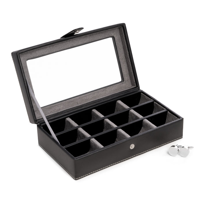 Occasion Gallery Black Color Black Leather 12 Cufflink Box with Glass Top, Snap Closure and Velour Lined.  8 L x 4.75 W x 2.5 H in.