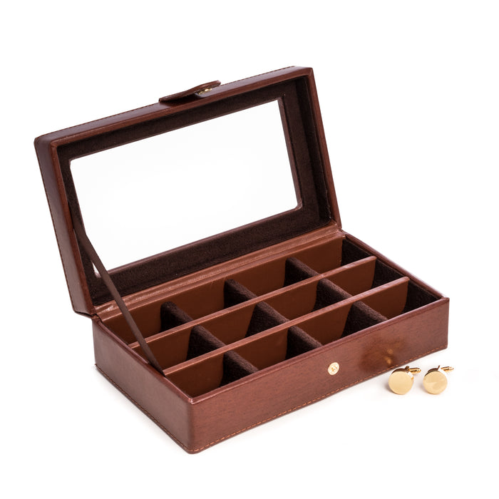 Occasion Gallery Brown Color Brown Leather 12 Cufflink Box with Glass Top, Snap Closure and Velour Lined.  8 L x 4.75 W x 2.5 H in.