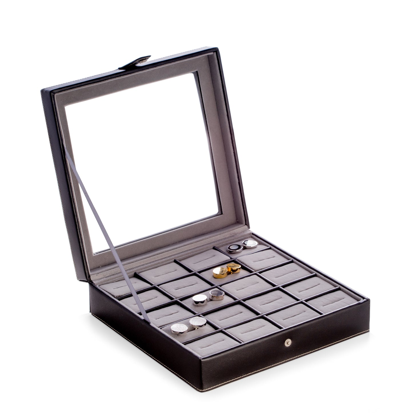 Occasion Gallery Black Color Black Leather 20 Cufflink Box with Glass Top and Snap Closure. 8.75 L x 8.5 W x 2.25 H in.
