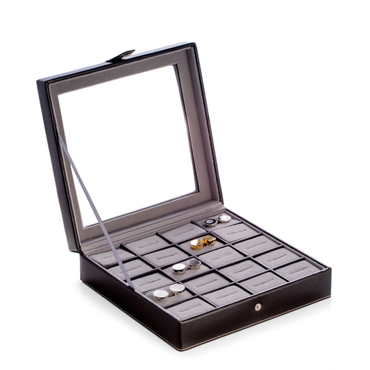 Occasion Gallery Black Color Black Leather 20 Cufflink Box with Glass Top and Snap Closure. 8.75 L x 8.5 W x 2.25 H in.