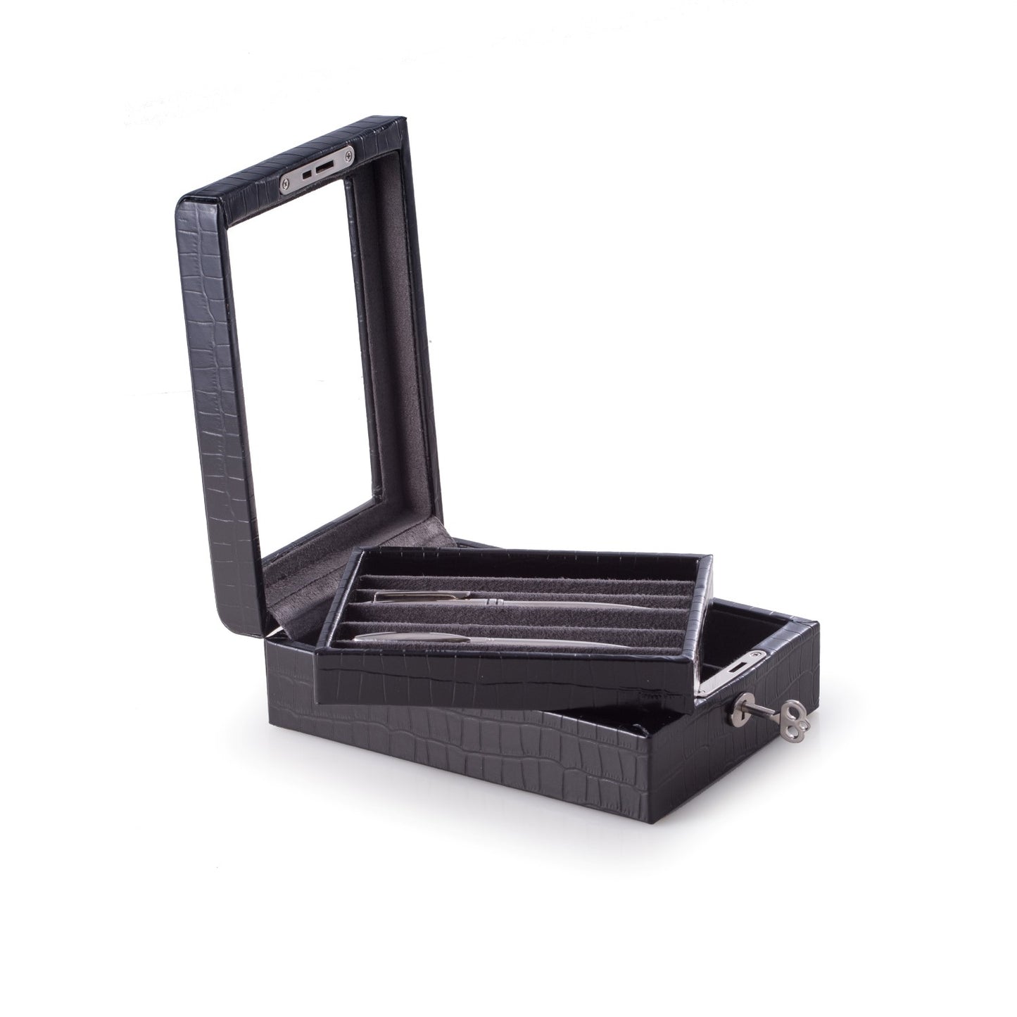 Occasion Gallery Black Color Black "Croco" Leather 2 Level & 11 Pen Case with Glass Top and Key Lock. 5.5 L x 7.75 W x 2.5 H in.