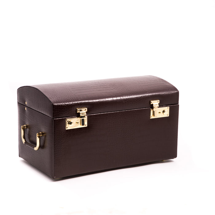 Occasion Gallery Brown Color Brown "Croco" Leather Jewelry Chest with Multi Levels, 2 Removable Travel Cases, Mirror and Locking Clasps. 16 L x 10 W x 9.5 H in.