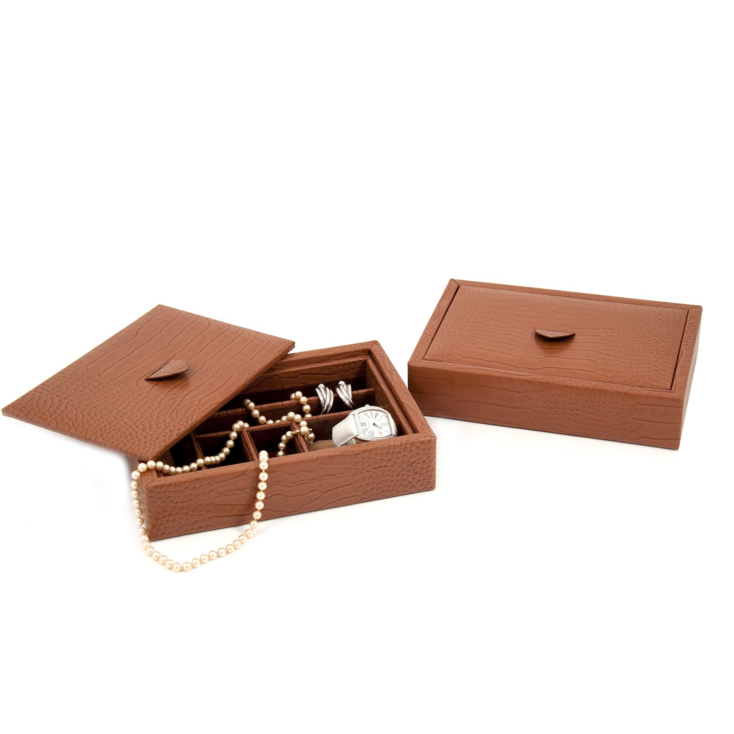 Occasion Gallery Brown Color Brown "Croco" Leather Valet Tray with Multi Compartments and Lid. 9 L x 6.5 W x 2 H in.