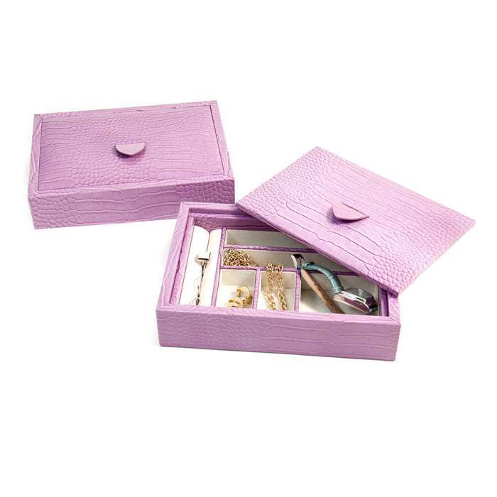 Occasion Gallery Pink Color Pink "Croco" Leather Valet Tray with Multi Compartments and Lid. 9 L x 6.5 W x 2 H in.