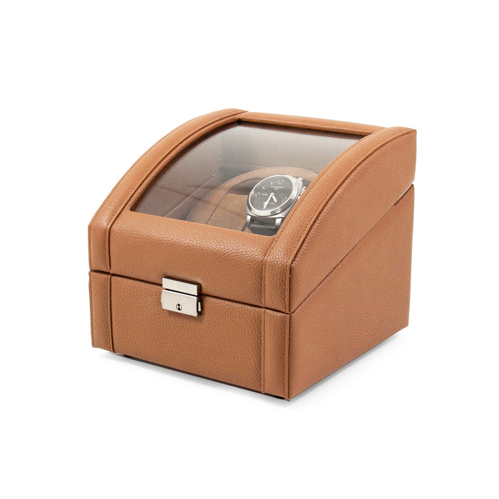 Occasion Gallery Tan Leather Watch Winder w/ Glass Top. Includes Watch Pillows for Large & Small Wrist Sizes. Single / Dual Direction Rotation. Rotates over 4300 Times a Day. Works on Both AC / DC Back Up Power. 7.25 L x 7.5 W x 6.5 H in.