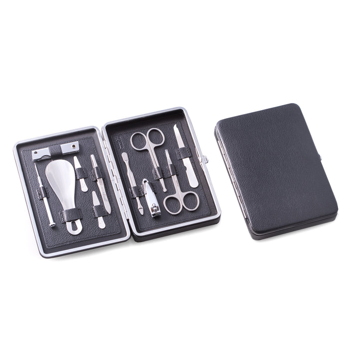 Occasion Gallery Black Color 10 Pieces Manicure Set in Black Leather Case with Small Clippers, Cuticle Cleaner, Nose & Cuticle Scissors, File, Tweezers, Collar Stays, Shoe Horn, Small Screwdriver and Multi Tool / Knife Set. 8.5 L x 4.5 W x 1.5 H in.
