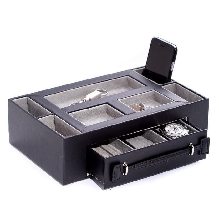 Occasion Gallery Black Color Black Leather Open Face Valet Box with Drawer for 2 Pens & 2 Watches. Pigskin Leather Lined. 11 L x 7 W x 3 H in.