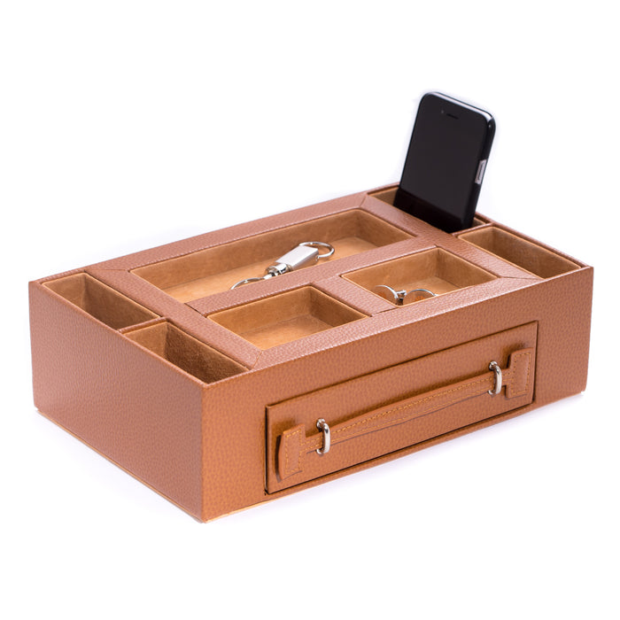Occasion Gallery Tan Color Tan Leather Open Face Valet Box with Drawer for 2 Pens & 2 Watches. Pigskin Leather Lined. 11 L x 7 W x 3 H in.
