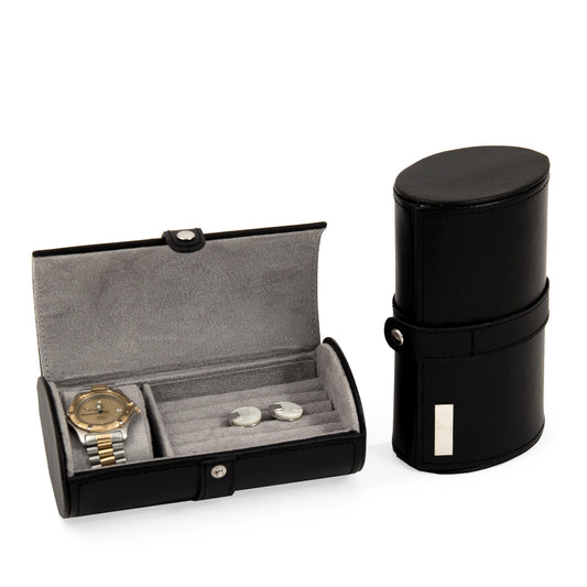 Occasion Gallery Black Color Black Leather Watch & Cufflink Travel Case with Snap Closure.  7 L x 3.75 W x 2.75 H in.