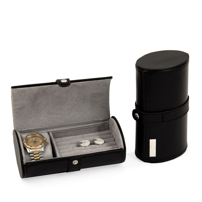 Occasion Gallery Black Color Black Leather Watch & Cufflink Travel Case with Snap Closure.  7 L x 3.75 W x 2.75 H in.