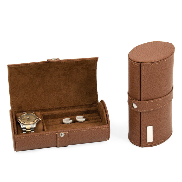 Occasion Gallery Tan Color Tan Leather Watch & Cufflink Travel Case with Snap Closure.  7 L x 3.75 W x 2.75 H in.