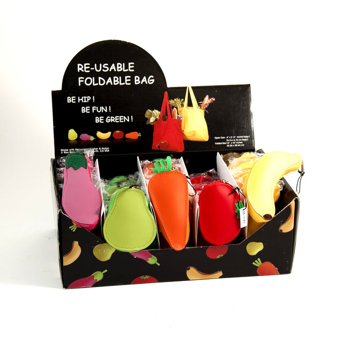 Occasion Gallery Multi-colored Color Banana-shaped collapsible re-usable Foldable Bags that are Made of Recycled Leather & Nylon. 14.25 L x 9.5 W x 5 H in.