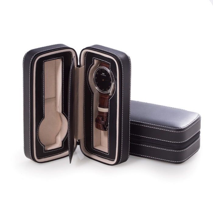 Occasion Gallery Black Color Black Leather Two Watch Travel Case with Form Fit Compartments, Center Divider to Prevent Watches from Touching and Zipper Closure. 7 L x 3.25 W x 2.25 H in.