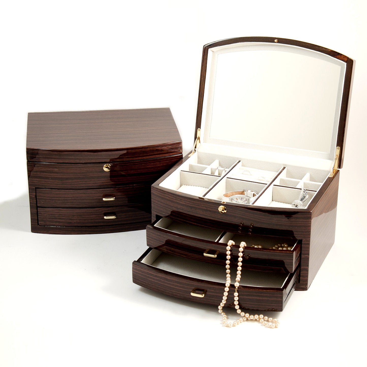 Occasion Gallery Ebony Zebra Wood Color Lacquered Ebony "Zebra" Wood Jewelry Box with Multi Compartments, 2 Drawers, Mirror and Push Button Lock.  11.75 L x 9.25 W x 7 H in.