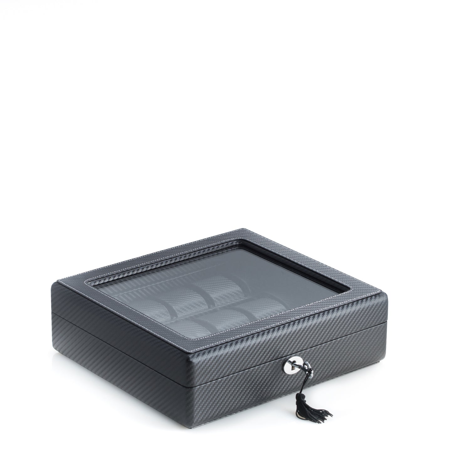 Occasion Gallery Black Color Black Leatherette Woven Design 15 Watch Case with Glass Top, Adjustable Watch Pillows for Large and Slim Wrist Watches and Locking Clasp. 11 L x 10 W x 3.25 H in.