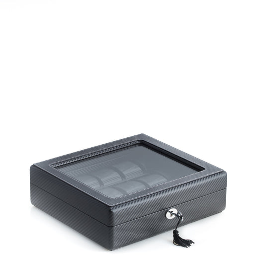 Occasion Gallery Black Color Black Leatherette Woven Design 15 Watch Case with Glass Top, Adjustable Watch Pillows for Large and Slim Wrist Watches and Locking Clasp. 11 L x 10 W x 3.25 H in.