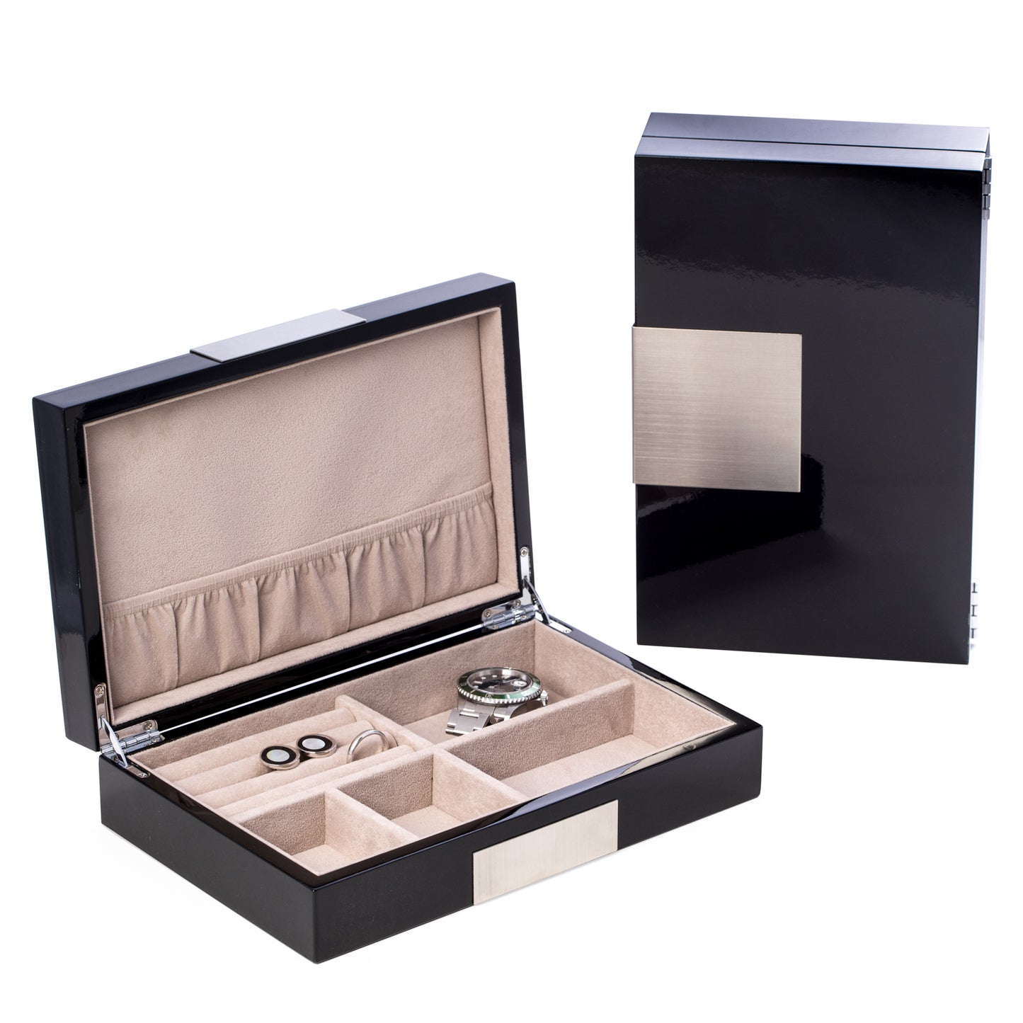 Occasion Gallery Black Color Lacquered "Black" Wood Valet Box with Stainless Steel Accents and Multi Compartments Storage. 9.75 L x 6.25 W x 2.5 H in.