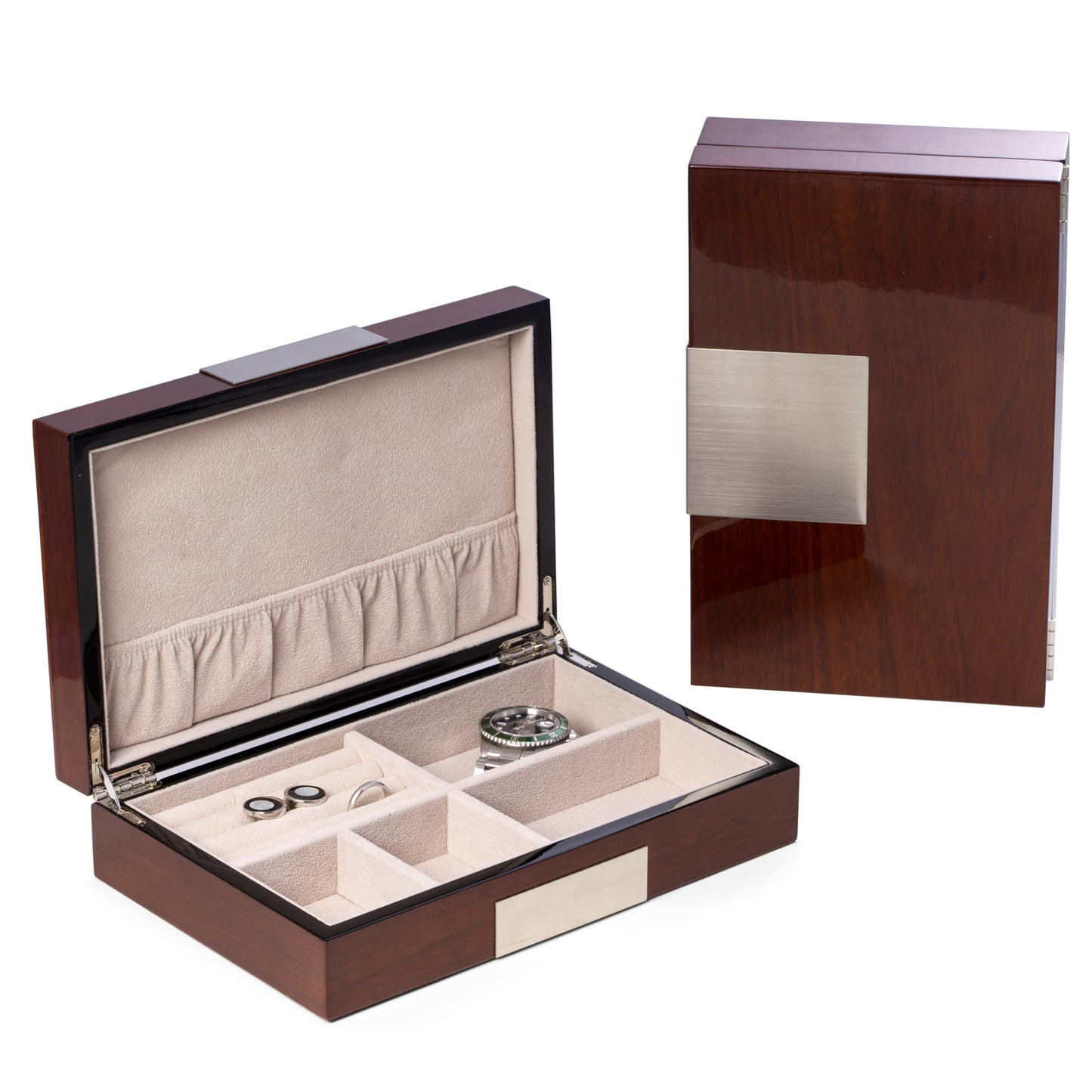 Occasion Gallery Walnut   Color Lacquered "Natural Walnut" Wood Valet Box with Stainless Steel Accents and Multi Compartments Storage. 9.75 L x 6.25 W x 2.5 H in.