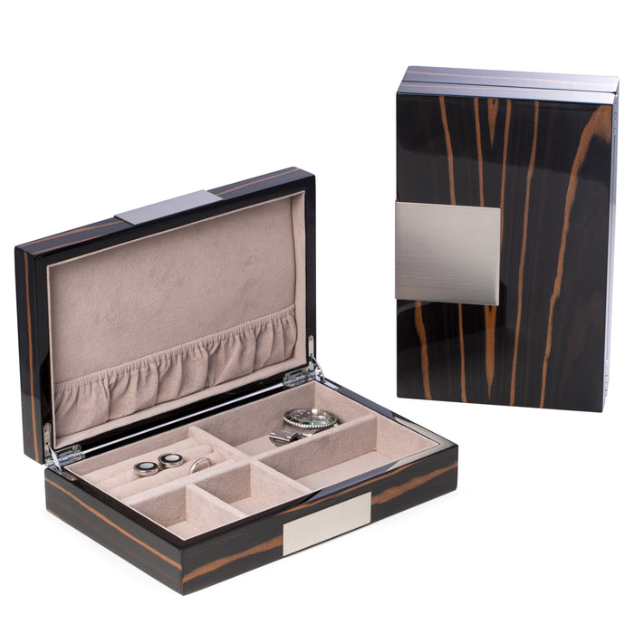 Occasion Gallery Ebony Burl Wood Color Lacquered "African Ebony" Burl Wood Valet Box with Stainless Steel Accents and Multi Compartments Storage. 9.75 L x 6.25 W x 2.5 H in.