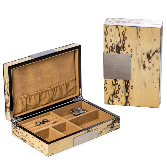 Occasion Gallery Exotic Ice Color Lacquered  "Exotic Ice" Burl Wood Valet Box with Stainless Steel Accents and Multi Compartments Storage. 9.75 L x 6.25 W x 2.5 H in.