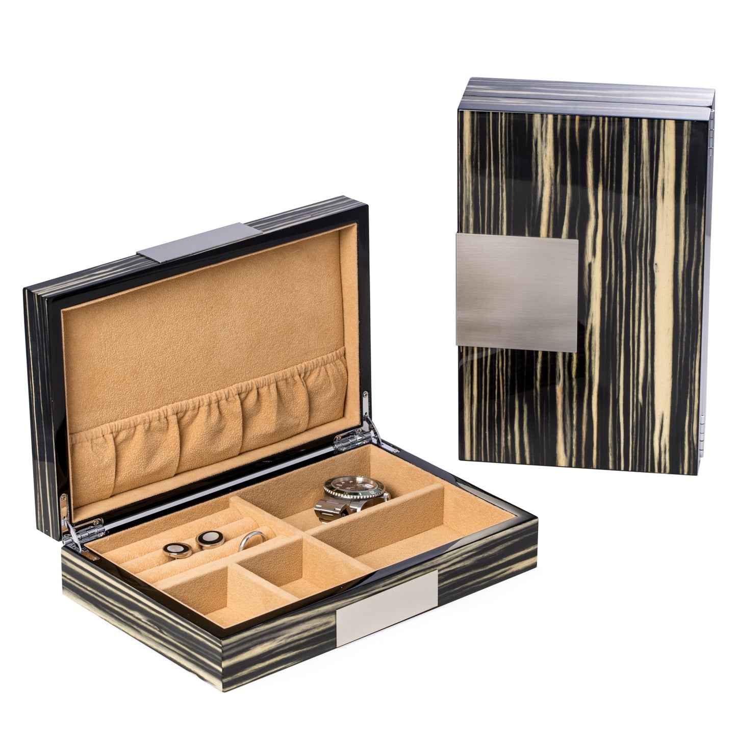Occasion Gallery Zebra Wood Color Lacquered  "Norwegian Zebra" Wood Valet Box with Stainless Steel Accents and Multi Compartments Storage. 9.75 L x 6.25 W x 2.5 H in.
