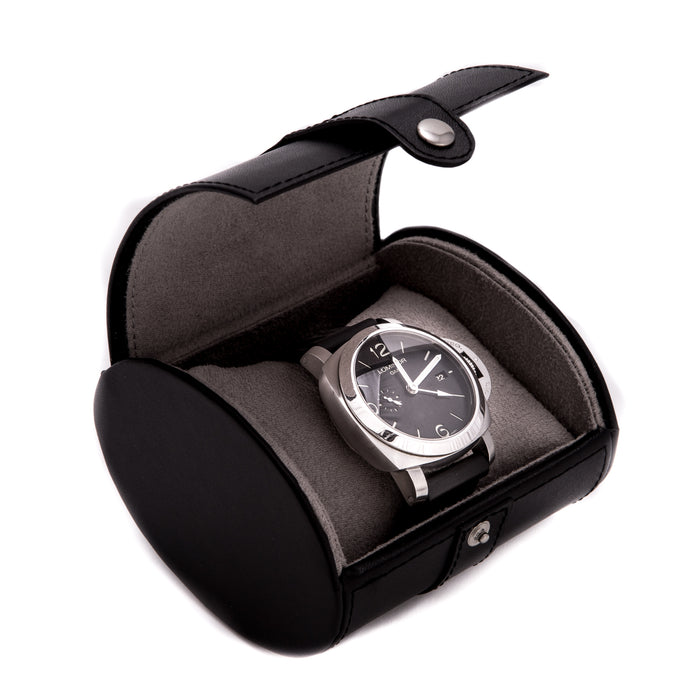 Occasion Gallery Black Color Black Leather Single Watch Travel Case with Snap Closure 4.25 L x 4 W x 3 H in.
