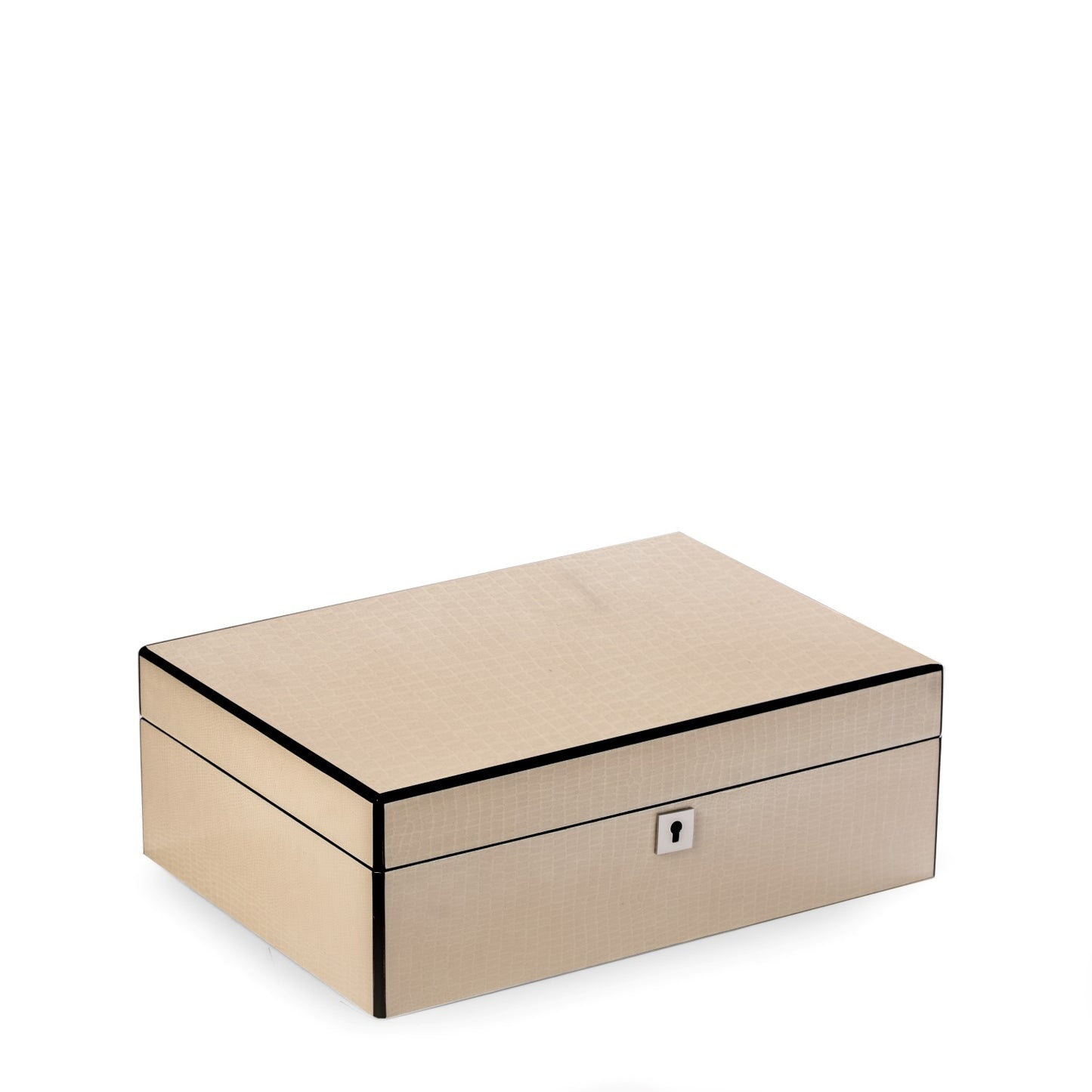 Occasion Gallery Lacquered Ivory White Jewelry Box w/ Etched Croco Design in Wood.  Removable Tray w/ Slots for Rings & Bracelet Holder.  Storage Compartment  & Necklace Pad.  Velour Lining, Necklace Hooks Under Lid & Locking Clasp. 11 L x 8 W x 4 H in.