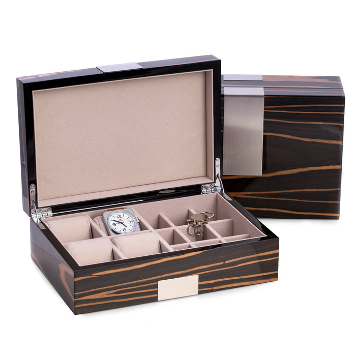 Occasion Gallery Ebony Burl Wood Color Lacquered "Ebony" Burl Wood Valet Box with Stainless Steel Accents for 4 Watches & 9 Cufflink. 11.85 L x 8 W x 4 H in.