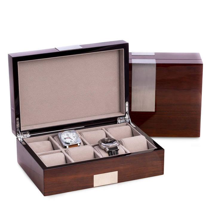 Occasion Gallery Walnut Color Lacquered "Walnut" Wood 8 Watch Box with Stainless Steel Accents. 11.85 L x 8 W x 4 H in.