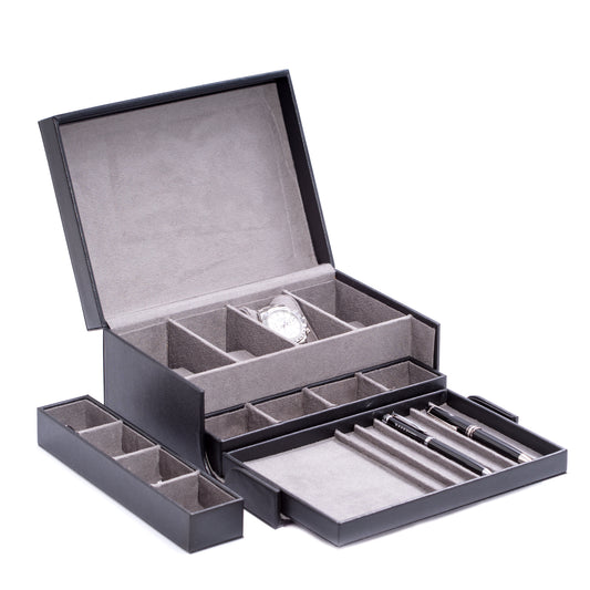 Occasion Gallery Black Color Black Leather Valet Box with Removable Tray for Pens and Accessories, 4 Watches, 8 Slots for Cufflinks. 9.5 L x 7.25 W x 4 H in.