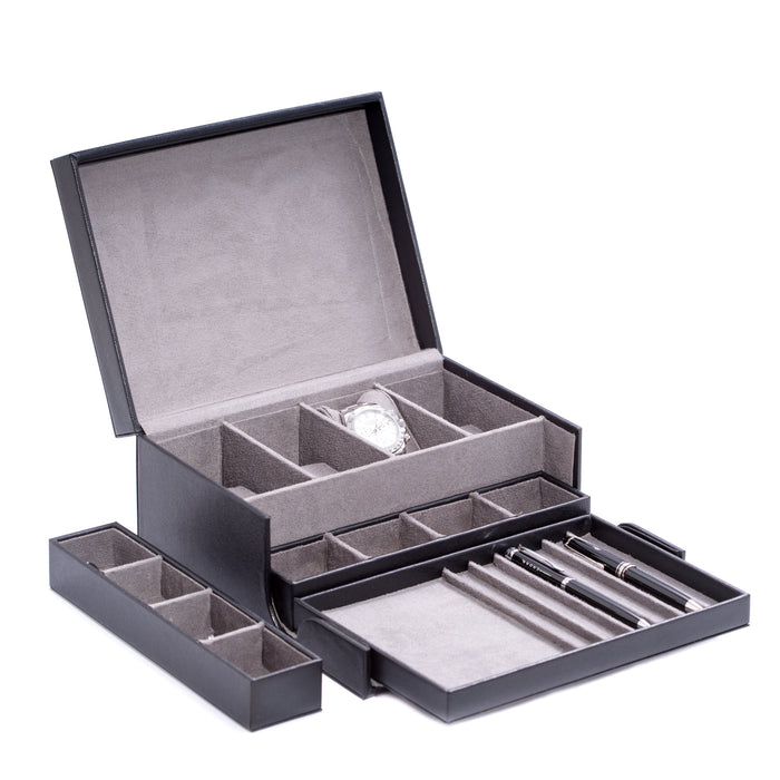 Occasion Gallery Black Color Black Leather Valet Box with Removable Tray for Pens and Accessories, 4 Watches, 8 Slots for Cufflinks. 9.5 L x 7.25 W x 4 H in.