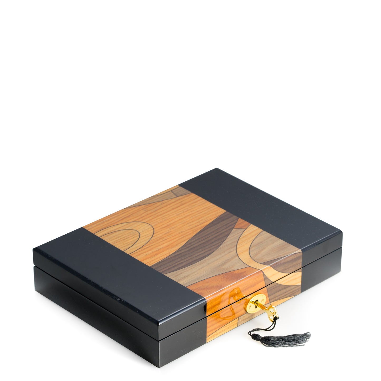 Occasion Gallery Black Color Black Lacquered Wooden Box with 15 Divided Sections, Scratch Resistant Velour Lining, Gold Accents, Locking Clasp and Swirl Design Top. 10 L x 7.5 W x 2 H in.