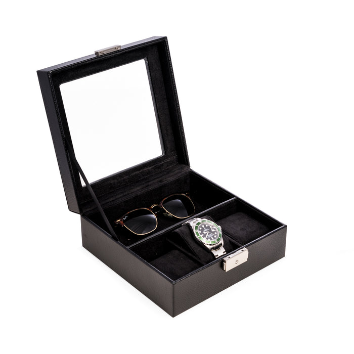 Occasion Gallery Black Color Black Leather Watch and Accessory Case with Glass Top and Locking Clasp. 7.75 L x 7.75 W x 3.25 H in.
