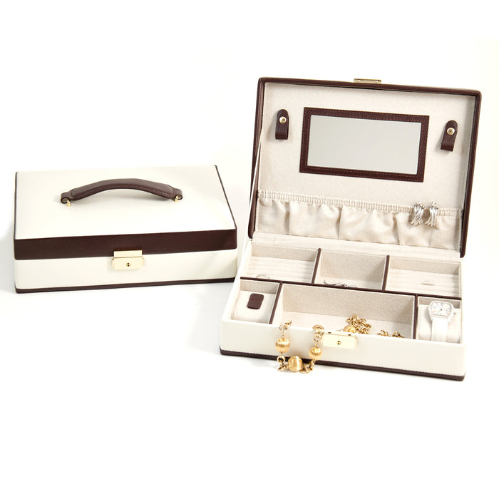 Occasion Gallery Ivory/Brown Color Ivory & Brown Leather Jewelry Box with Multi Compartments, 2 Watch / Bracelet Pillows, Mirror and Locking Clasp. 11.75 L x 9 W x 3.25 H in.