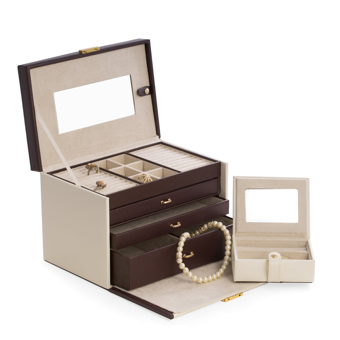 Occasion Gallery Ivory/Brown Color Ivory & Brown Leather 4 Level Jewelry Box with 3 Drawers, Mirror, Secret Compartment Behind Mirror, Removable Travel Case and Locking Clasp. 10.75 L x 7 W x 7.25 H in.