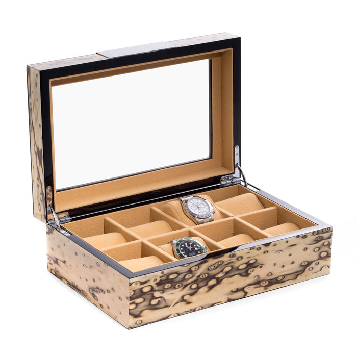 Occasion Gallery Exotic Ice Color Lacquered "Exotic Ice" Burl Wood 8 Watch Case with Glass Top and Velour Lining. 12 L x 7.75 W x 4 H in.