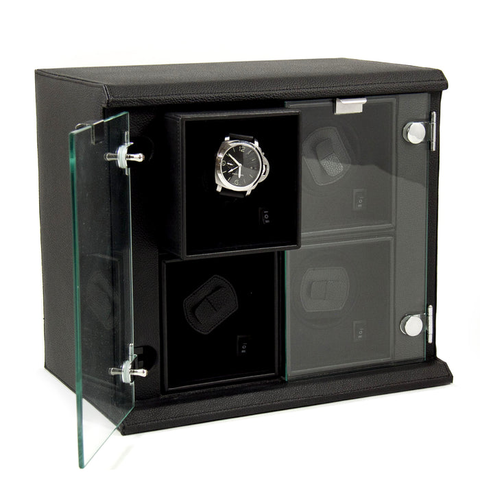 Occasion Gallery Black Color Black Leather Quadruple Watch Winder with Removable Individual Winders. Selectable Single or Dual Direction Rotation. Rotates over 4300 Times a Day. Works on Both AC or DC Power. 13 L x 8.5 W x 12 H in.