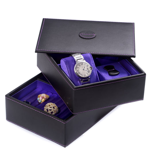 Occasion Gallery Black Color Black Leather Stacked Jewelry Box with 2 Watch Pillows, Slots for Rings, Earnings and Mirror.  7.75 L x 6 W x 5.25 H in.