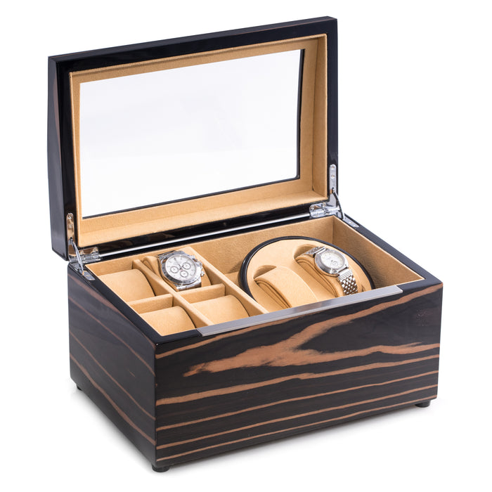 Occasion Gallery Lacquered "Ebony" Burl Wood 2 Watch Winder w/ Storage for 4 Watches, Glass Top, Velour Lined. Selectable Single or Dual Direction Rotation. Rotates over 4300 Times a Day. Operates on AC Power. 11.75 L x 8 W x 6.5 H in.