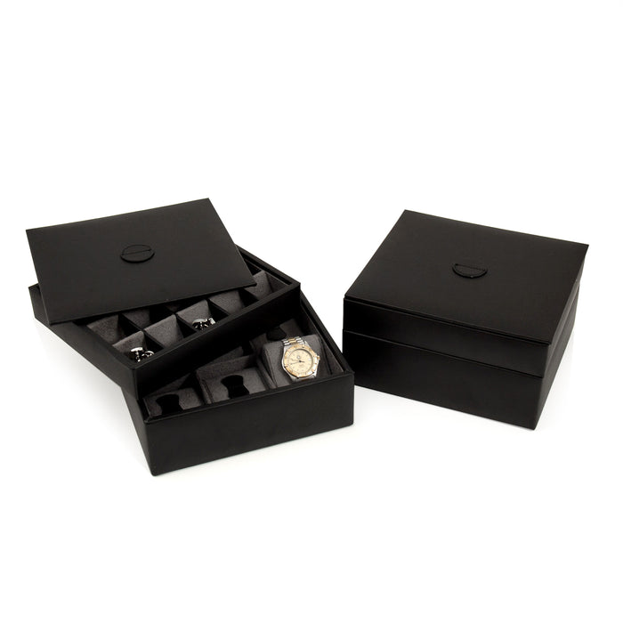 Occasion Gallery Black Color Black Leather Stacked Valet for 6 Watches and 20 Cufflinks with Lid. 8.5 L x 7.5 W x 4.75 H in.