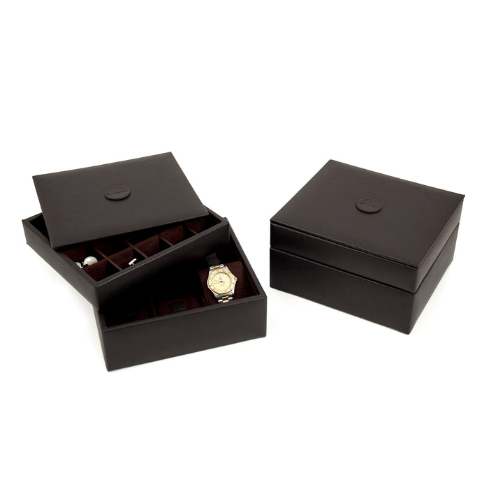 Occasion Gallery Brown Color Brown Leather Stacked Valet for 6 Watches and 20 Cufflinks with Lid. 8.5 L x 7.5 W x 4.75 H in.