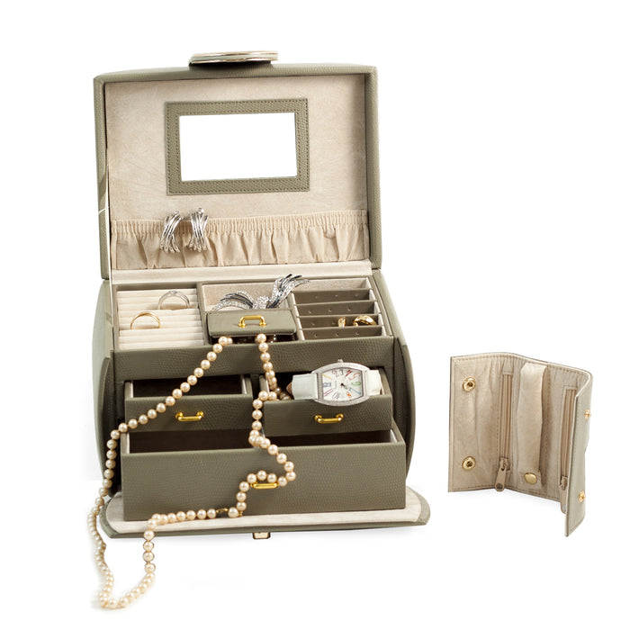 Occasion Gallery Olive Color Olive Leather 3 Level Jewelry Box with 3 Drawers, Travel Roll, Mirror and Secured Closure. 9.5 L x 6.25 W x 6.5 H in.