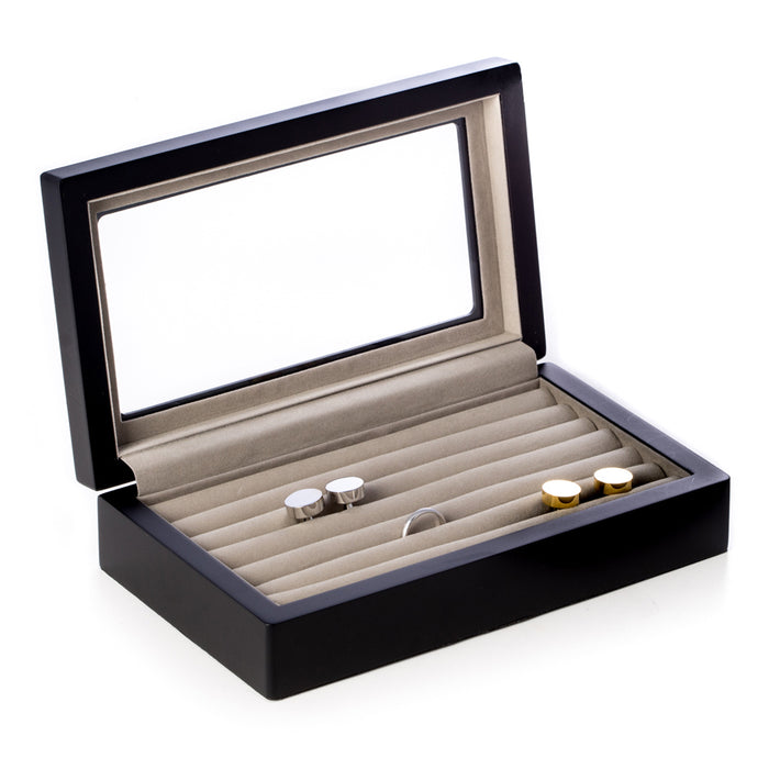 Occasion Gallery Black Color Matte Black Wood Cufflink Box with Glass Top and Velour Lining 9 L x 5.25 W x 2 H in.