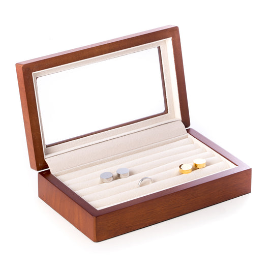 Occasion Gallery Brown Color Cherry Black Wood Cufflink Box with Glass Top and Velour Lining 9 L x 5.25 W x 2 H in.