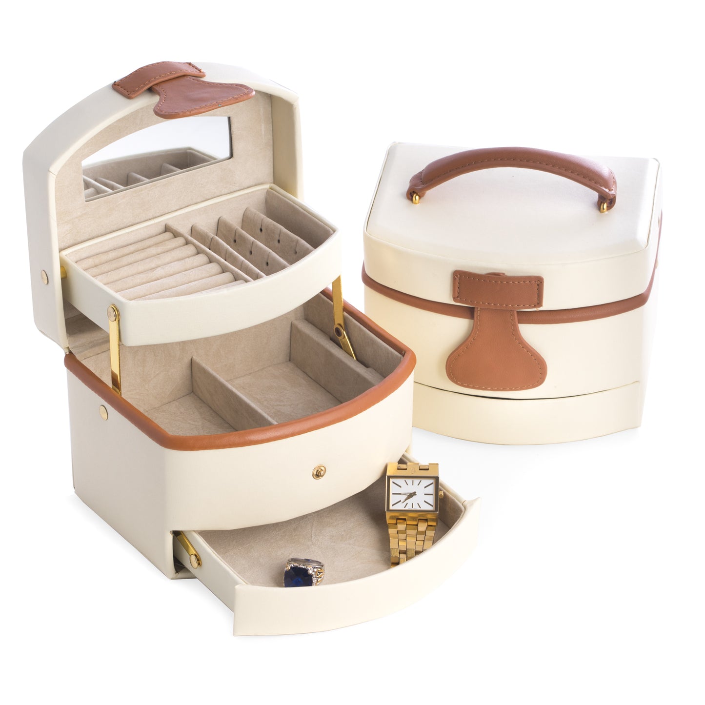 Occasion Gallery Ivory Color Ivory Leather 3 Level Jewelry Box with Hinged Drawer, Mirror and Snap Closure. 6.25 L x 5 W x 5 H in.