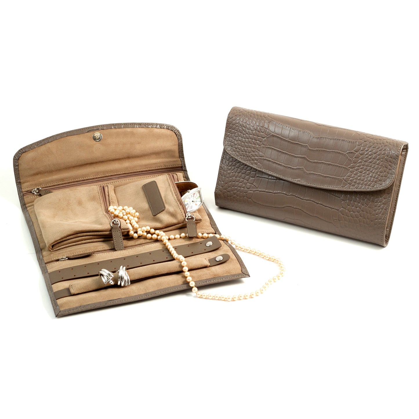 Occasion Gallery Gray Color Grey "Croco" Leather Multi Compartment Jewelry Clutch with Snap Closure.  10 L x 6 W x 1.5 H in.