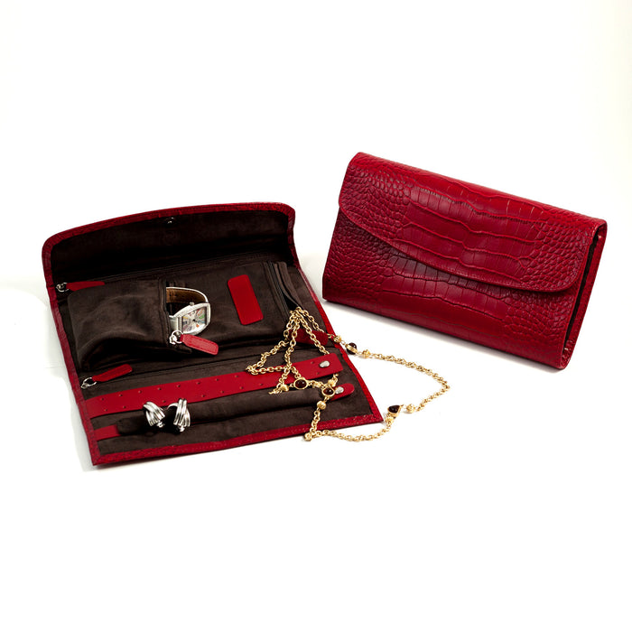 Occasion Gallery Red Color Red "Croco" Leather Multi Compartment Jewelry Clutch with Snap Closure.  10 L x 6 W x 1.5 H in.