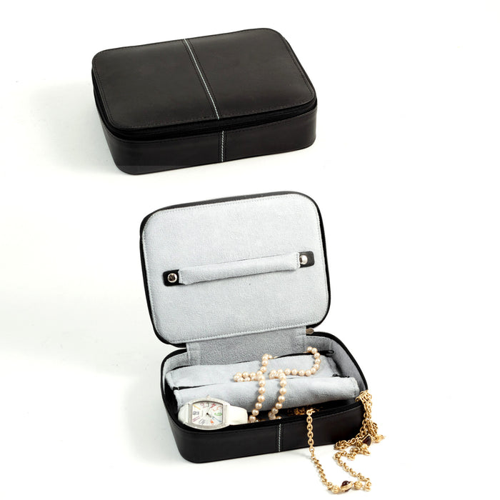 Occasion Gallery Black Color Black Leather Multi Compartment Jewelry Box with Zippered Closure. 7.75 L x 5.5 W x 2 H in.