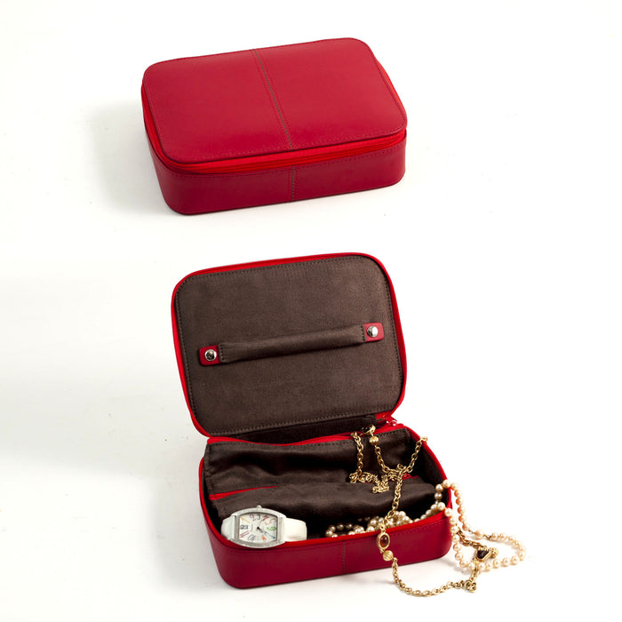 Occasion Gallery Red Color Red Leather Multi Compartment Jewelry Box with Zippered Closure. 7.75 L x 5.5 W x 2 H in.